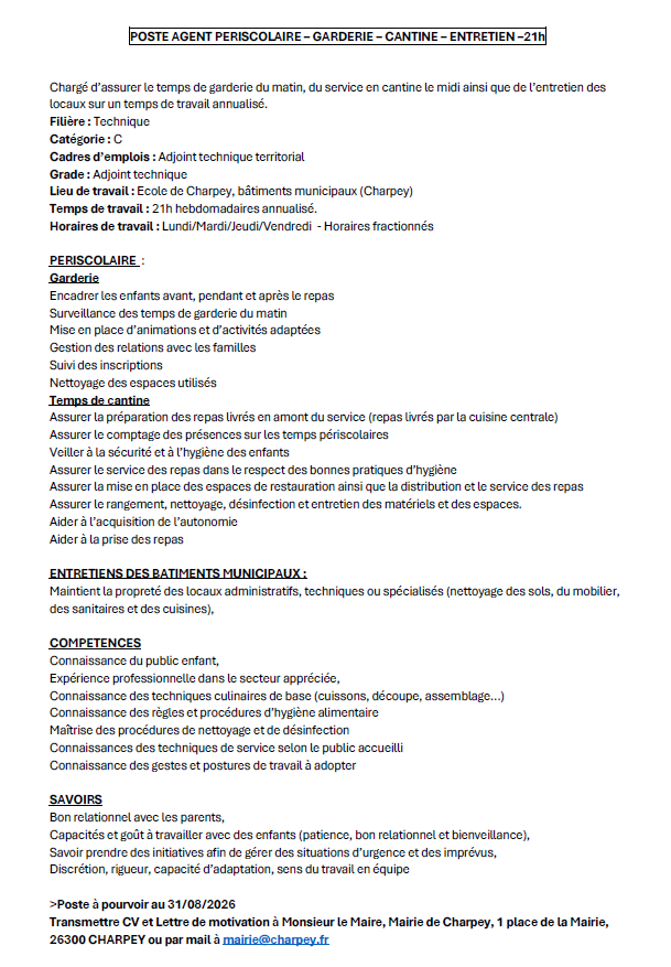 Offre d'emploi - périscolaire - Charpey